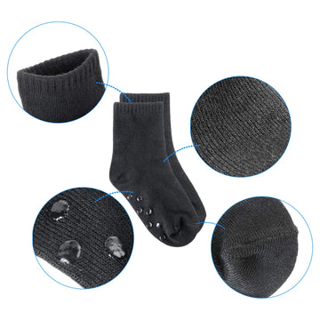 Tenpluszero 12 Pairs Non Slip Toddler Socks Crew Socks With Grips For Baby Boys Girls (Black,White,Grey, 1T/2T)