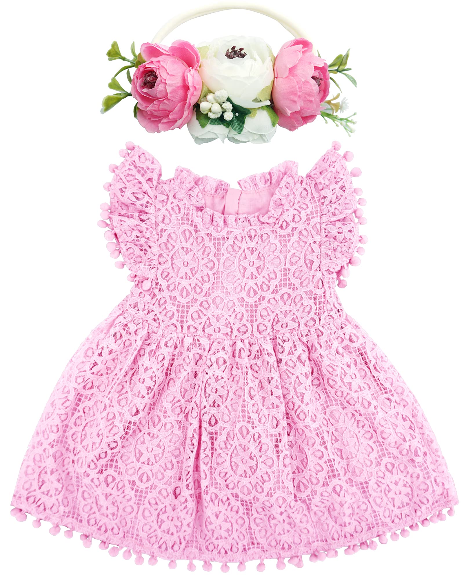 Bgfks Baby Girl Tutu Dress Elegant Lace Pom Pom Flutter Sleeve With Flower Headband Set(Pink,12 Months)