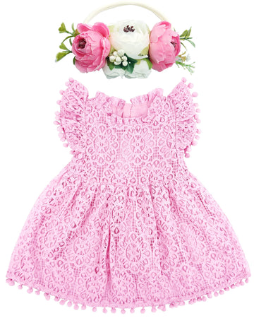 Bgfks Baby Girl Tutu Dress Elegant Lace Pom Pom Flutter Sleeve With Flower Headband Set(Pink,12 Months)