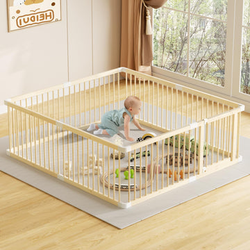 LOVMOR Large Wooden Baby Playpen, Adjustable Gate for Toddler and Babies, Portable Security Baby Fence Play Yard with Door (79.5