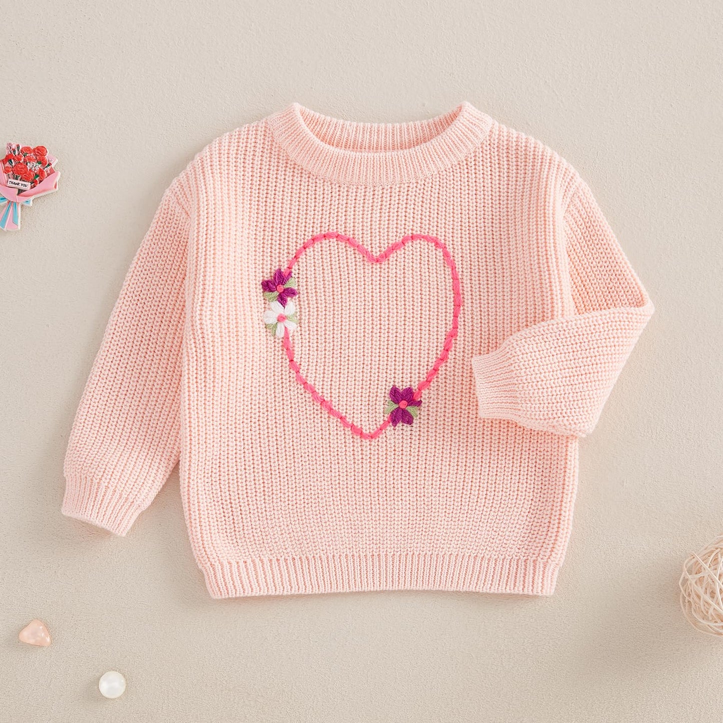 Nokpsedcb Baby Girl Cute Long Sleeve Heart Flowers Embroidery Oversized Sweater Toddler Valentine Outfit (Light Pink, 18-24 Mont