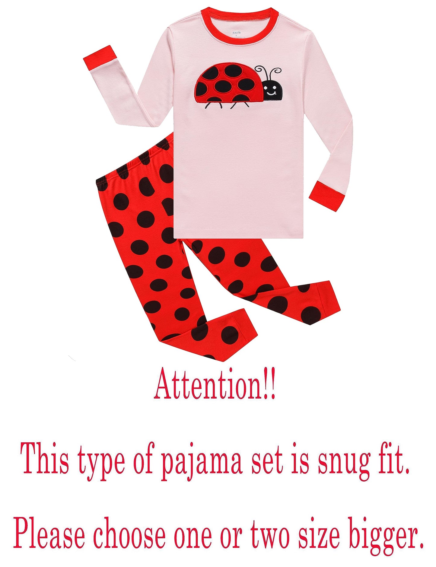 Kikizye Big Ladybug Girls Long Sleeve Pajama Kids Cotton Sleepwear Size 8