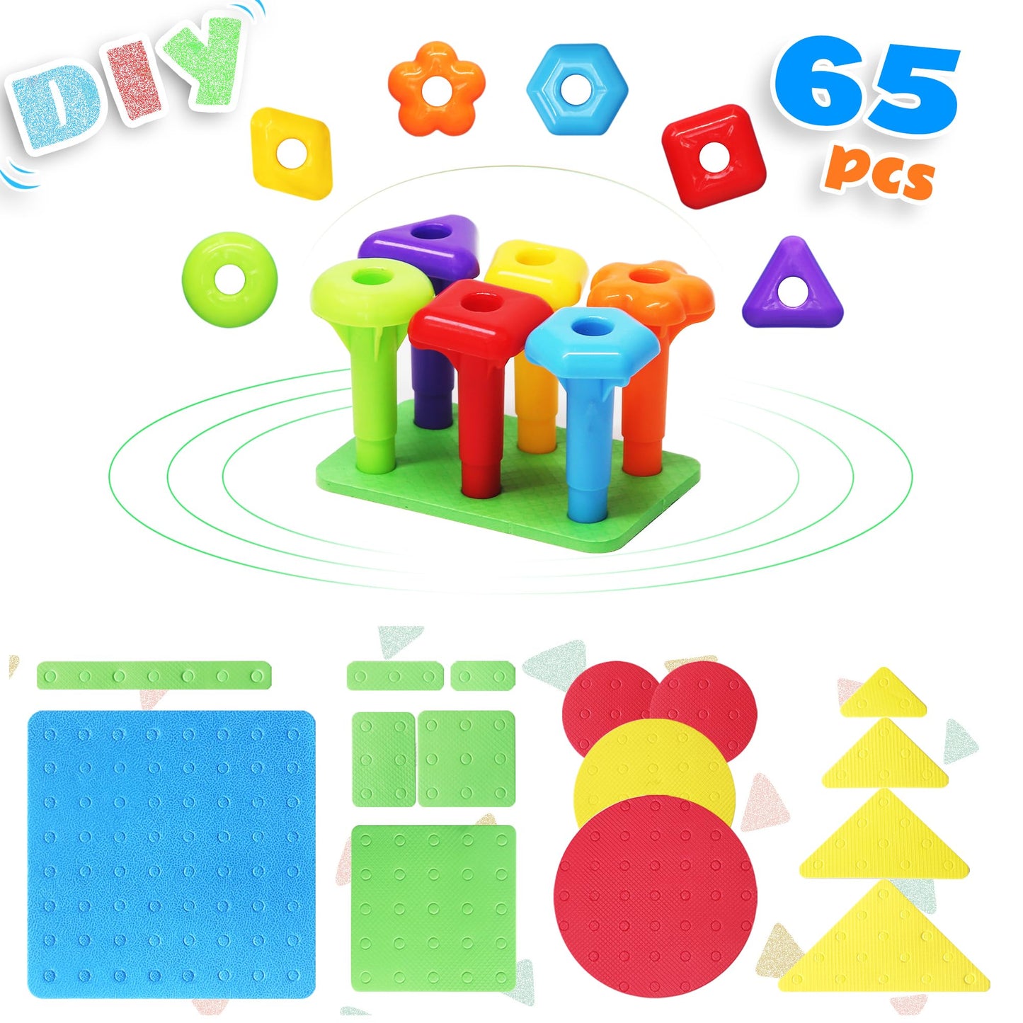Ggiibro Peg Board Set STEM Toys for Toddlers Ages 3-6 | Montessori Sensory Stacking & Lacing Kit with Thick/Thin Foam Boards & S