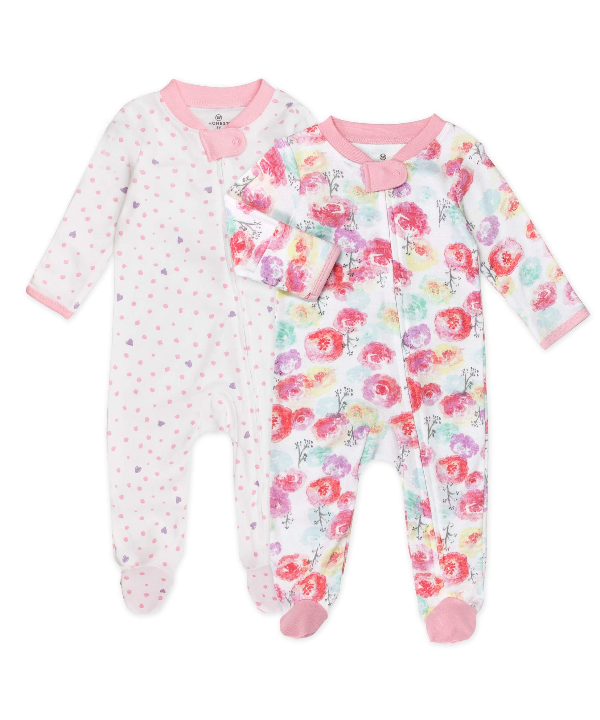 Honestbaby Unisex Baby 2-Pack Organic Cotton Footed Pajama  Play And Toddler Sleepers, Rose Blossomlove Dot, 0-3 Months Us