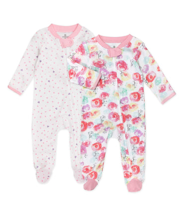 Honestbaby Unisex Baby 2-Pack Organic Cotton Footed Pajama  Play And Toddler Sleepers, Rose Blossomlove Dot, 0-3 Months Us