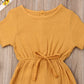 Toddler Baby Girl Summer Fall Basic Plain Short Sleeve Cotton Linen Drawstring Romper Jumpsuit (Mustard Yellow, 6-12 Months)