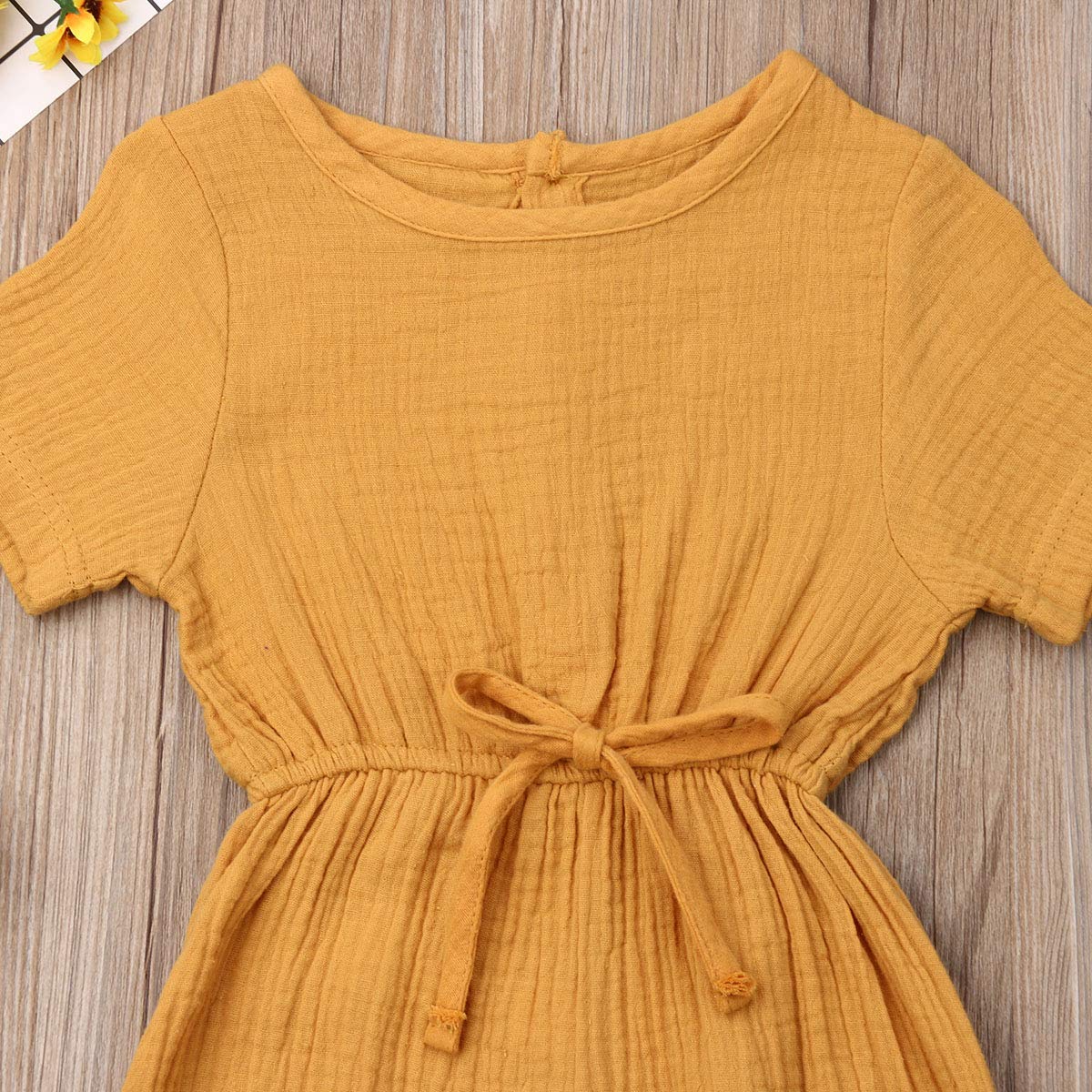 Toddler Baby Girl Summer Fall Basic Plain Short Sleeve Cotton Linen Drawstring Romper Jumpsuit (Mustard Yellow, 6-12 Months)