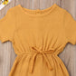 Toddler Baby Girl Summer Fall Basic Plain Short Sleeve Cotton Linen Drawstring Romper Jumpsuit (Mustard Yellow, 3-4T)