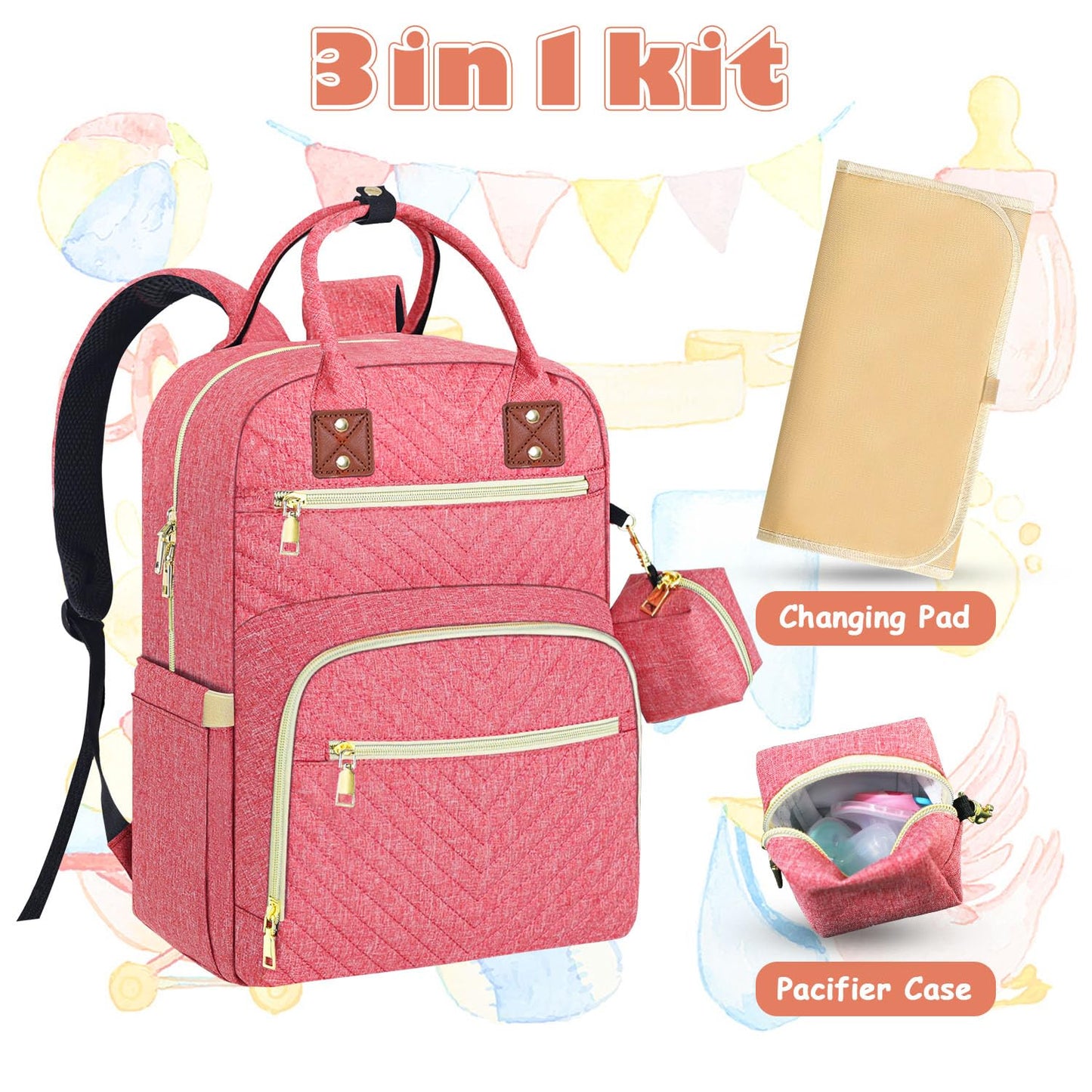 Tenot Baby Diaper Bag Backpack, Travel Diaper Bags For Baby Girl Boy Large Capacity Baby Bag Backpack For Women Pink
