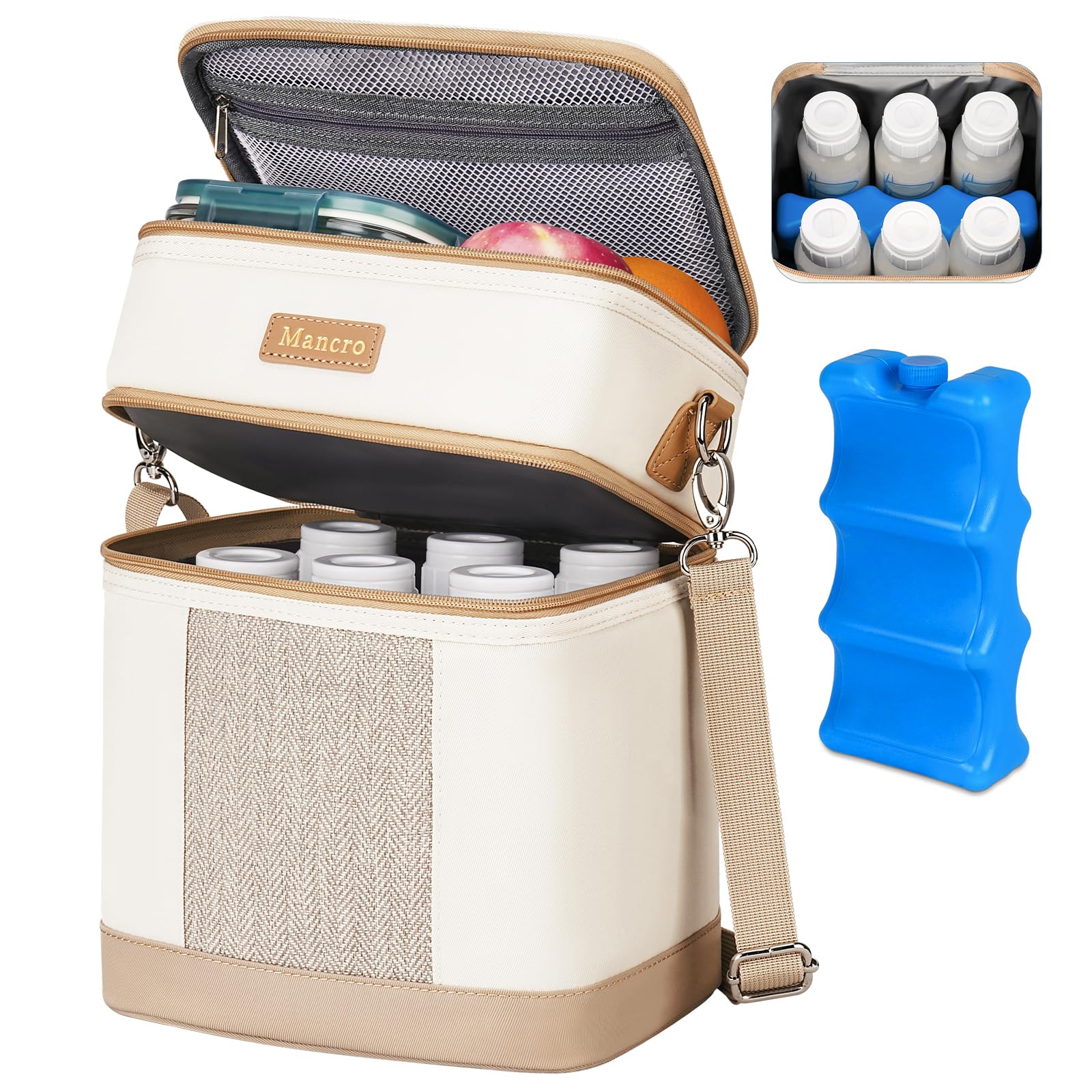 Mancro Breastmilk Cooler Bag with Ice Pack, Double Layer Insulated Baby Bottles Bag Fits 6 Bottles Up to 9 Ounces, Portable Brea