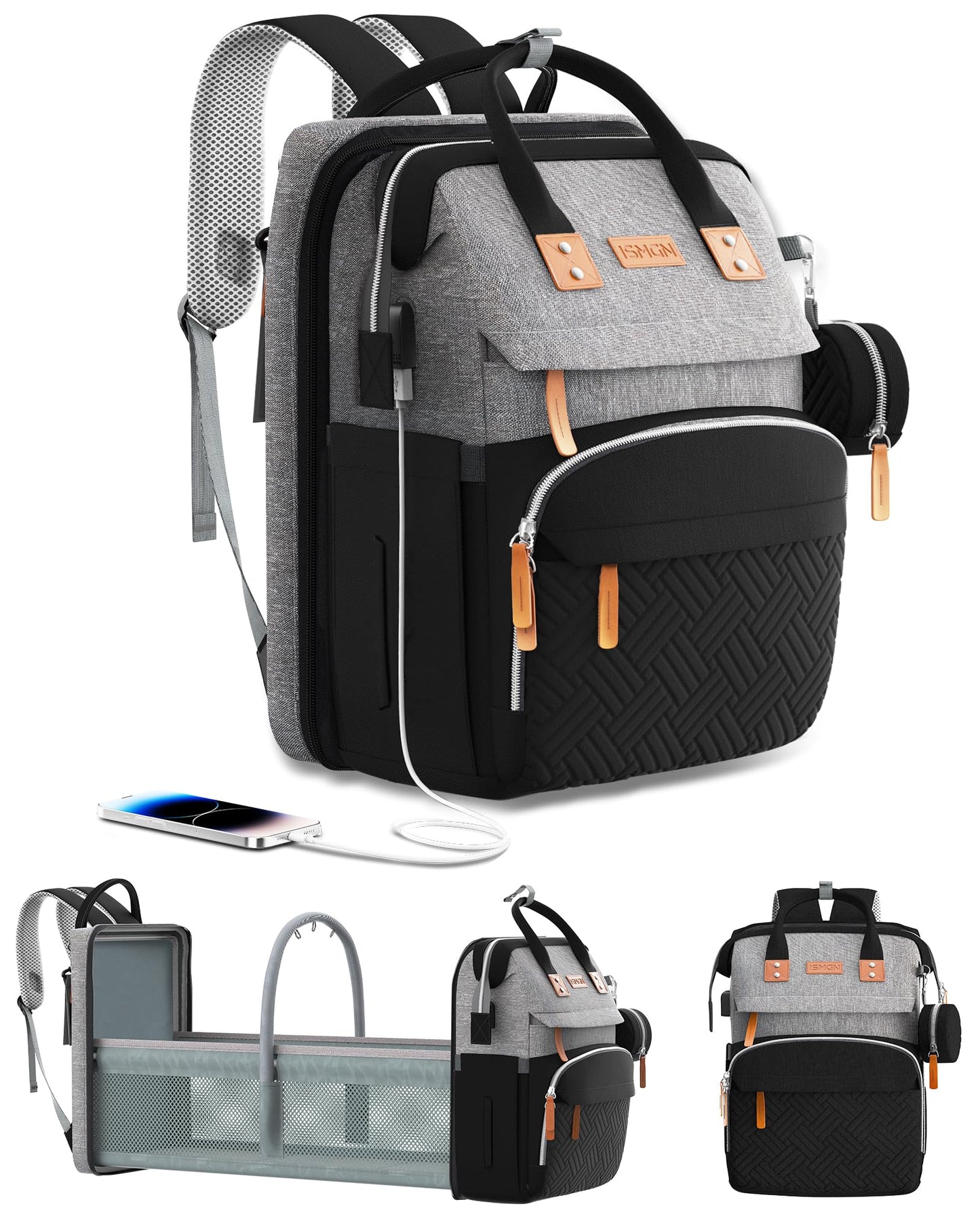 ISMGN Diaper Bag Backpack with Changing Station, Multifunctional Diaper Bag, Extra Large Capacity, Baby Bag, GreyBlack