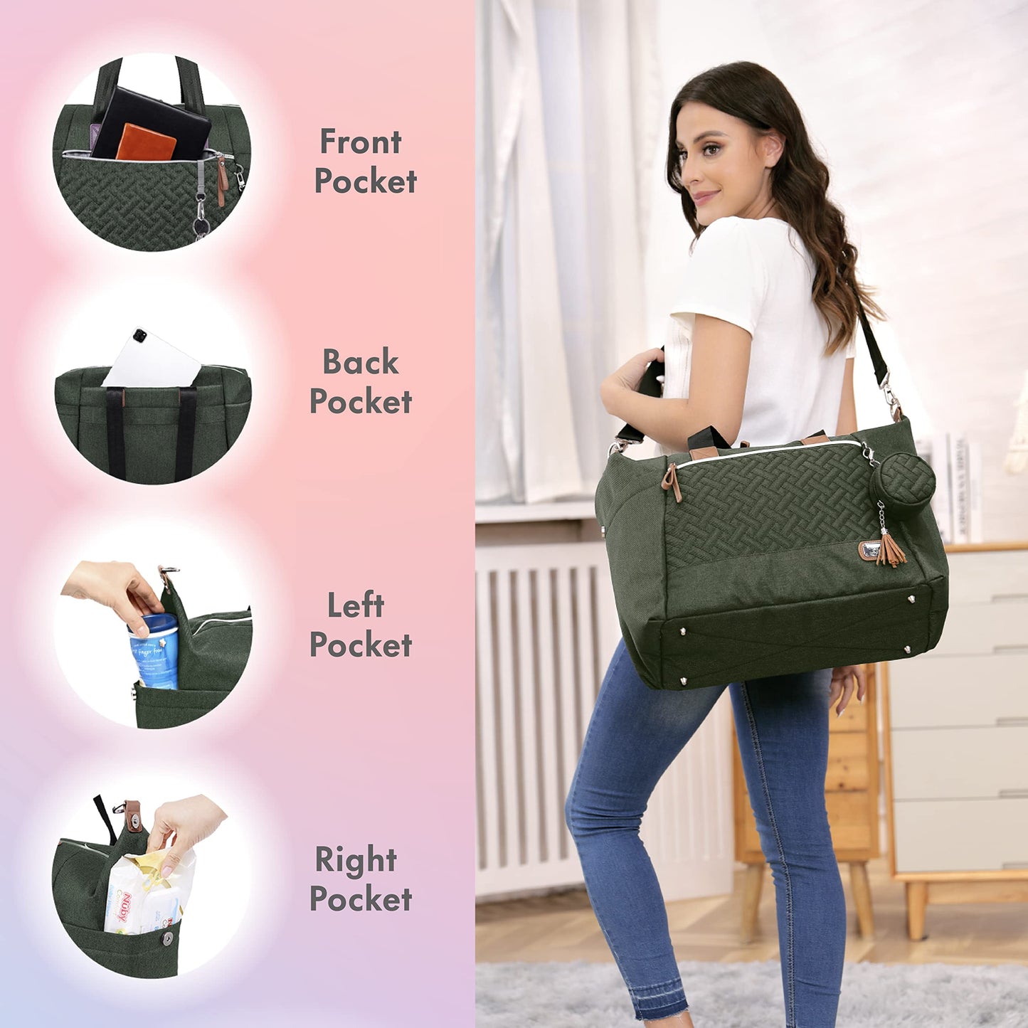 Dikaslon Diaper Bag Tote, Large Travel diaper tote for Mom and Dad, Multifunction baby tote bag for Boys and Girls with Pacifier