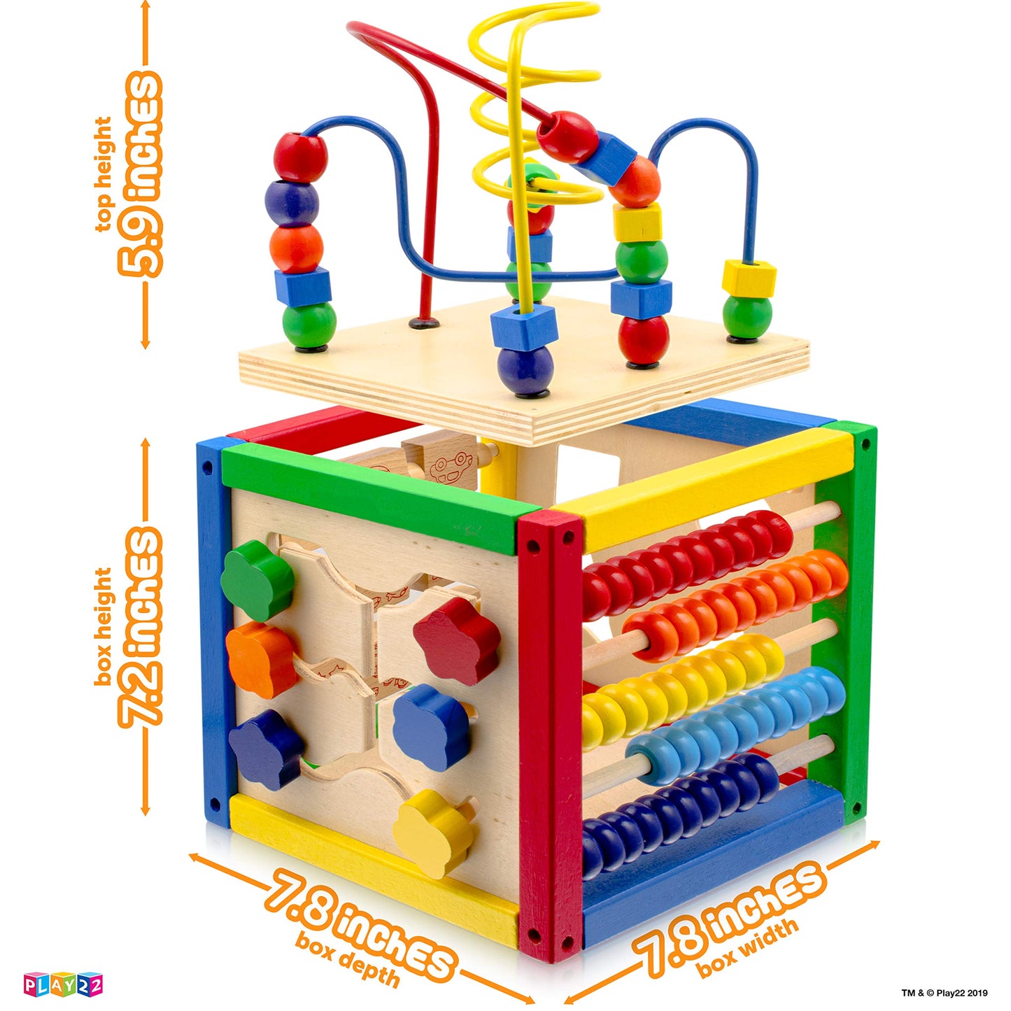 Wooden Activity Play Cube 6 in-1 for Baby with Removable Bead Maze, Shape Sorter, Abacus Counting Beads & Numbers, Sliding Shape