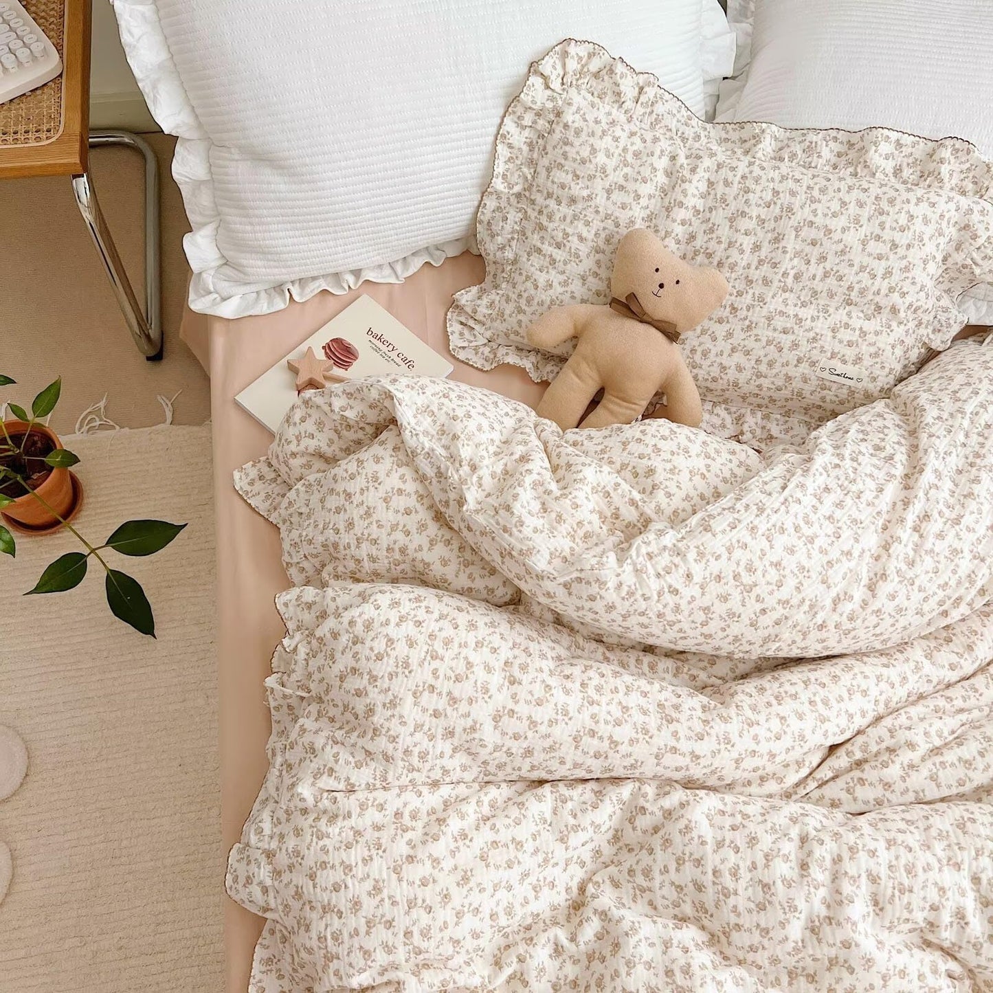 Bulutu Soft Cotton Muslin Duvet Cover Girls Kids Floral Duvet Cover Beige Crib Bedding Comforter Cover Quilt Cover, 47'X59', C