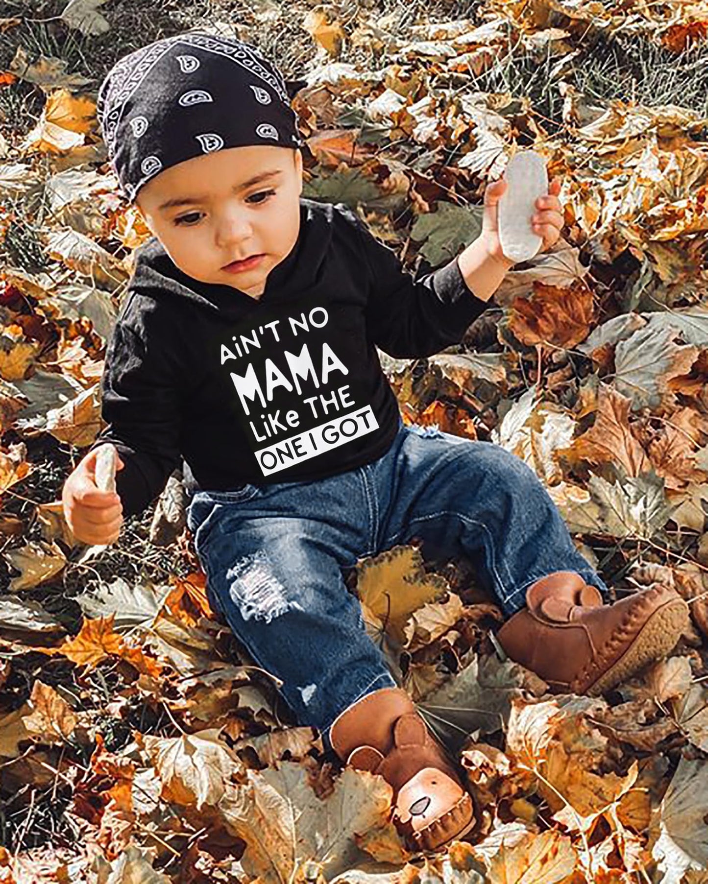 Yallet 4T 5T Toddler Baby Boy Clothes, 2Pcs Fall Winter Outfit Sets Long Sleeve Letter Hoodies Top+Ripped Denim Pants