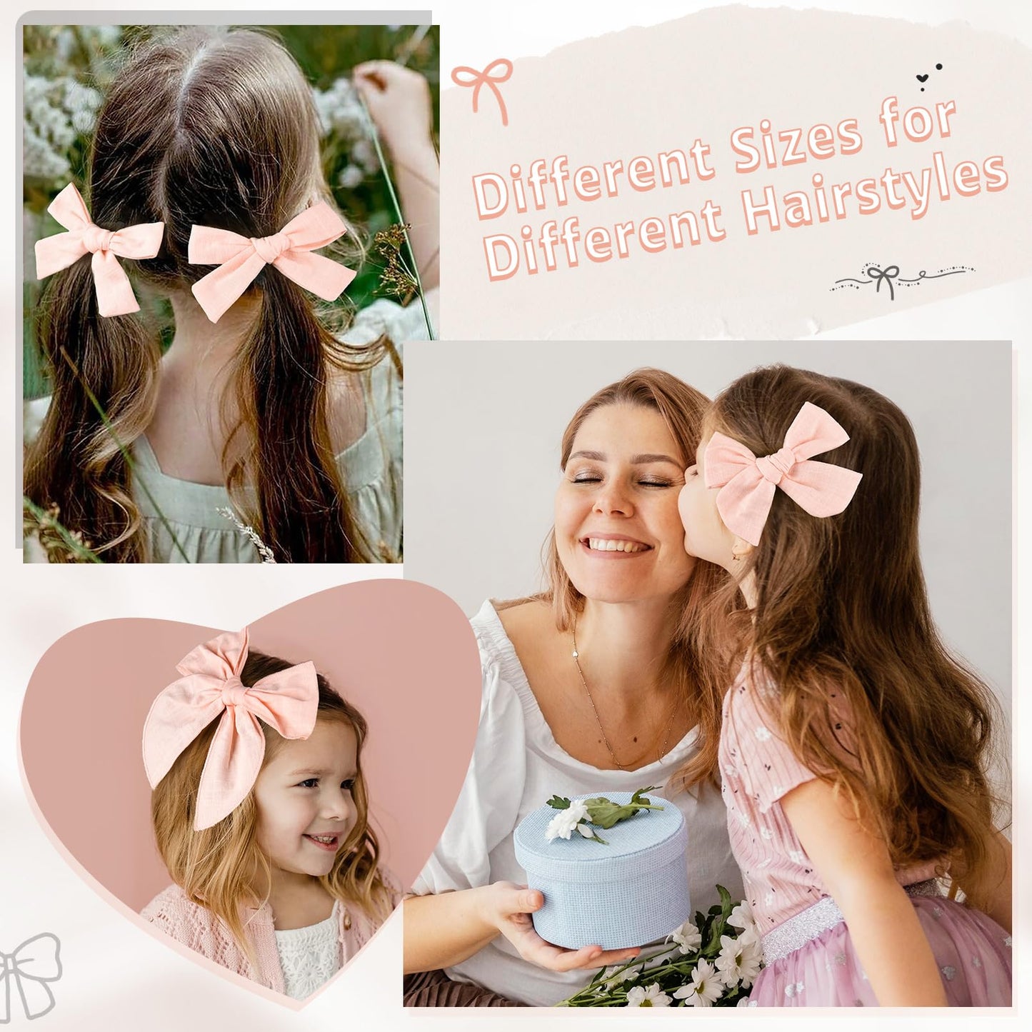 Deeka 4 Pcs Light Pink Cotton Linen Hair Bows 3 Styles 5' & 4' Handmade Hair Bow Set For Toddler Girls Alligator Hair Clips Kn