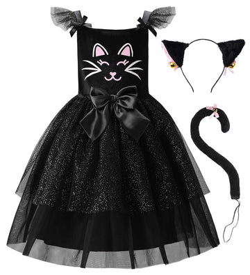 Relibeauty Black Cat Costume For Girls Kitty Costume Halloween Toddler Dress With Accessories,6-7/130