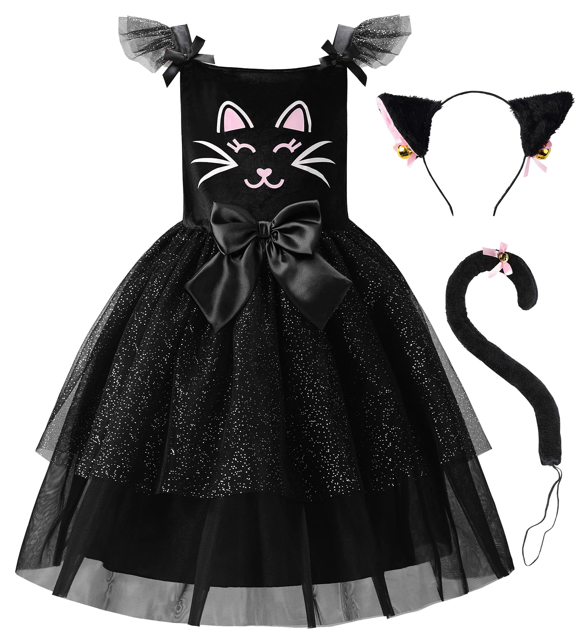 Relibeauty Black Cat Costume For Girls Kitty Costume Halloween Toddler Dress With Accessories, 5/120