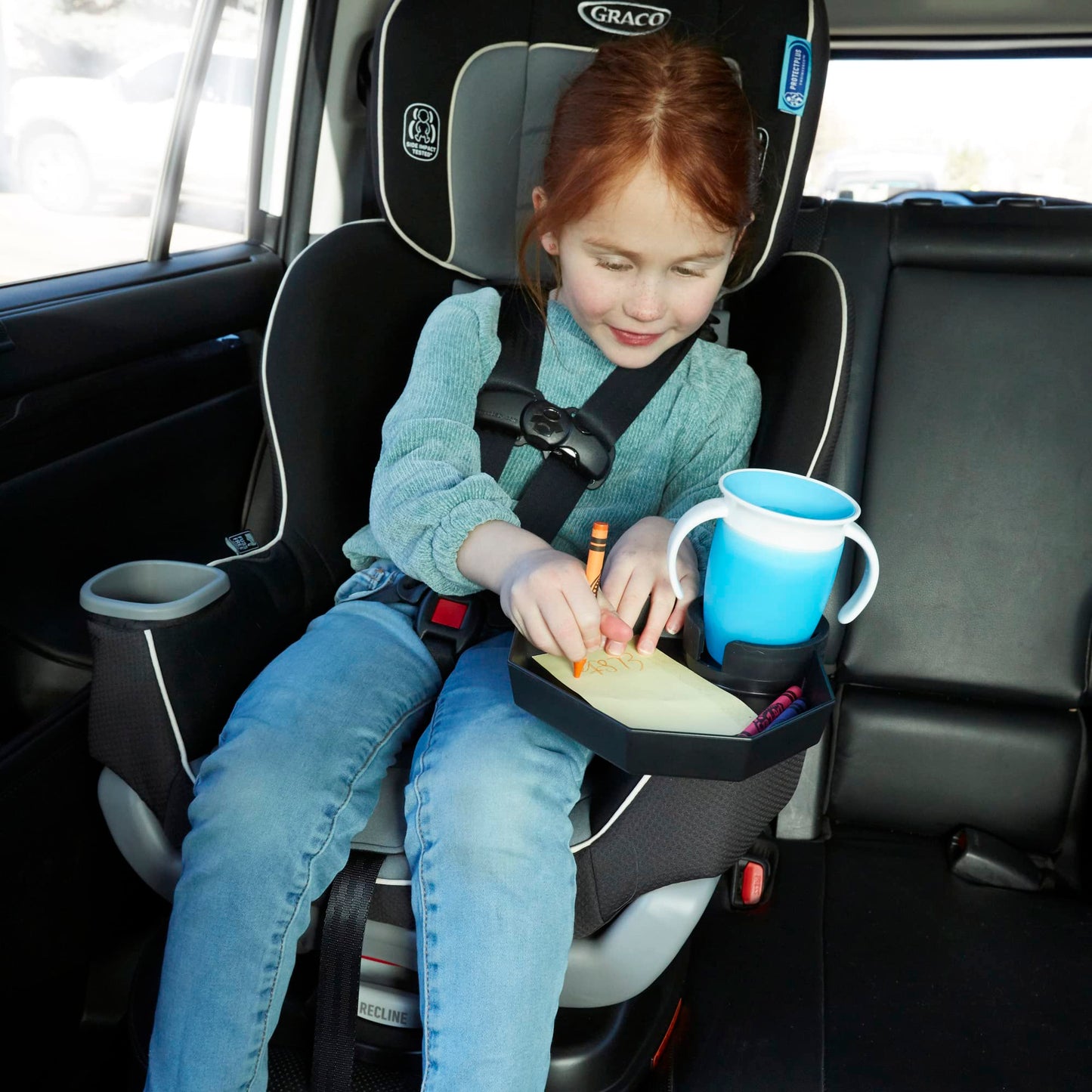 Kids Travel Tray - Car Seat And Car Cup Holder Tray - Tray For Snacks, Entertainment, Toys - Includes Cup Holder - Fits Most Car