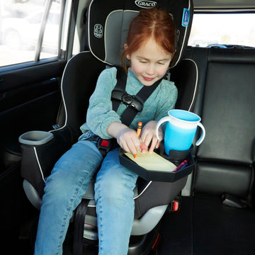 Kids Travel Tray - Car Seat And Car Cup Holder Tray - Tray For Snacks, Entertainment, Toys - Includes Cup Holder - Fits Most Car