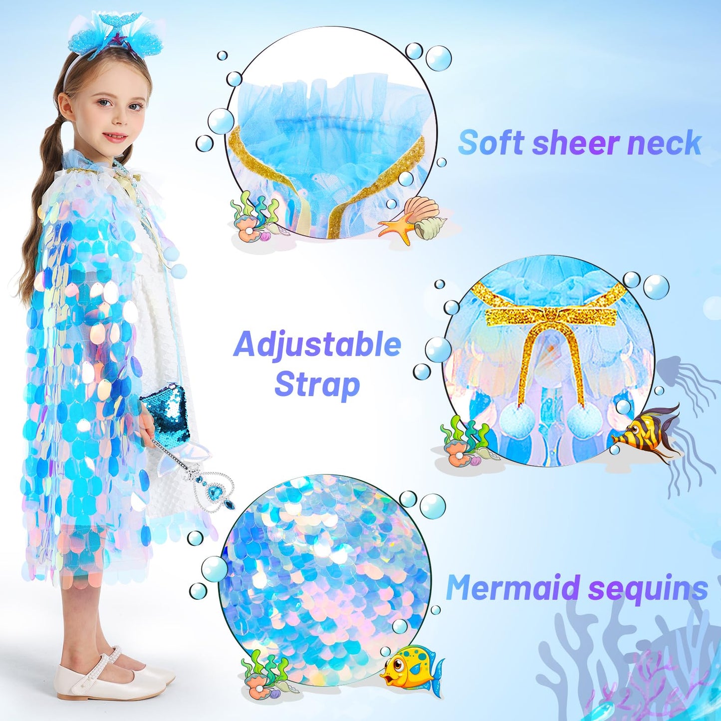 Limiroler Princess Dress Up Toys Princess Dress Up Clothes Rainbow Mermaid Cape Kit 9 Pcs Gift Set For Little Girls 3-8 Years Ol