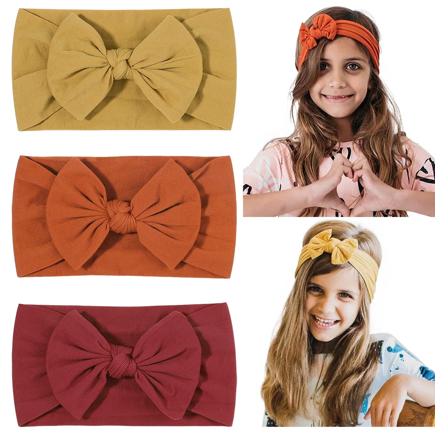 Jollybows 3Pcs Baby Nylon Headbands Hairbands Hair Bow Elastics For Baby Girls Newborn Infant Toddlers Kids (3-Yellow+Orange+Bur
