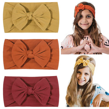 Jollybows 3Pcs Baby Nylon Headbands Hairbands Hair Bow Elastics For Baby Girls Newborn Infant Toddlers Kids (3-Yellow+Orange+Bur