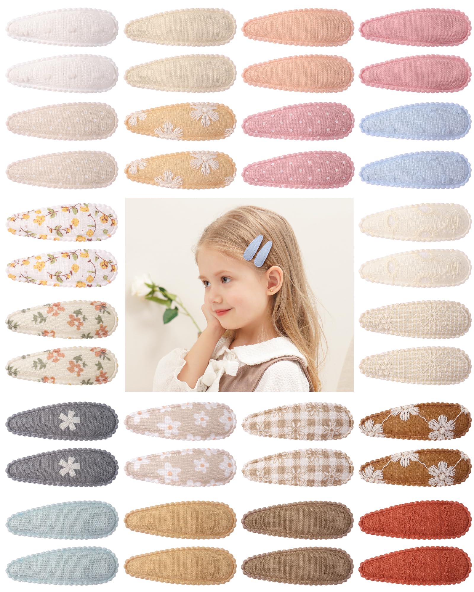 Doboi 40Pcs Toddler Hair Clips Baby Girl Hair Bows Clips Floral Print Non Slip Wrapped Snap Hairpins Flower Clips For Hair Barre