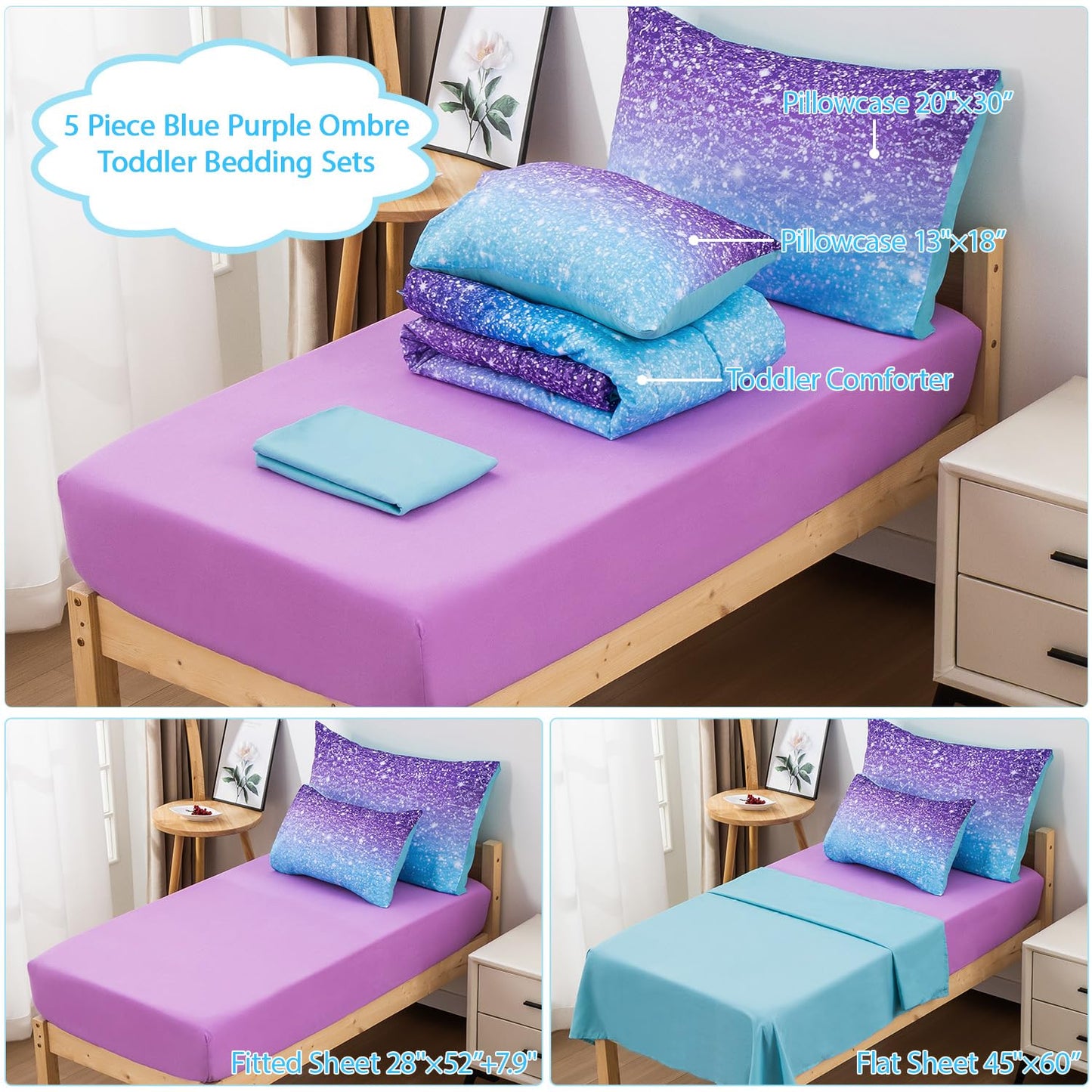 Jqinhome Toddler Comforter For Girls,5 Piece Bed In A Bag 3D Unicorn Sparkle Theme Bedding Set With 2 Pillowcases,1 Flat Sheet,1
