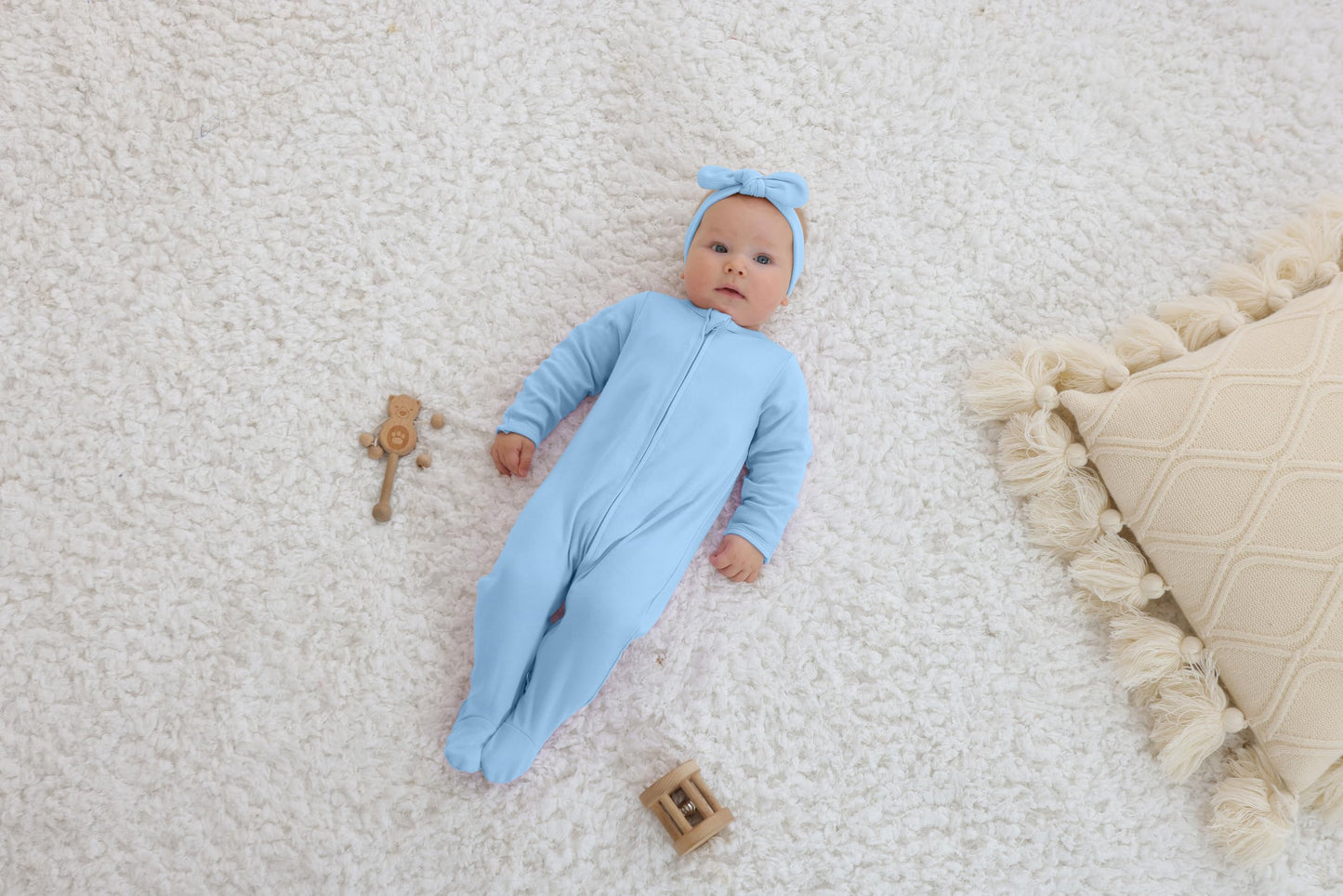 Guisby Footed Long Sleeve Baby Pajamas With Zipper Cotton Infant Sleepers Light Blue+White 9-12 Months