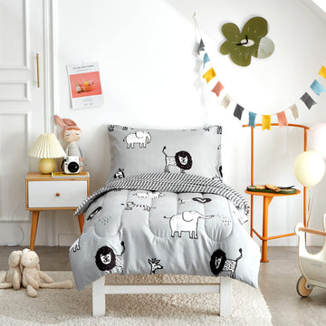 Flysheep 4 Piece Gray Grey Toddler Bedding Set With Multi Animals Printed For Baby Boys - Includes Quilted Comforter, Flat Sheet