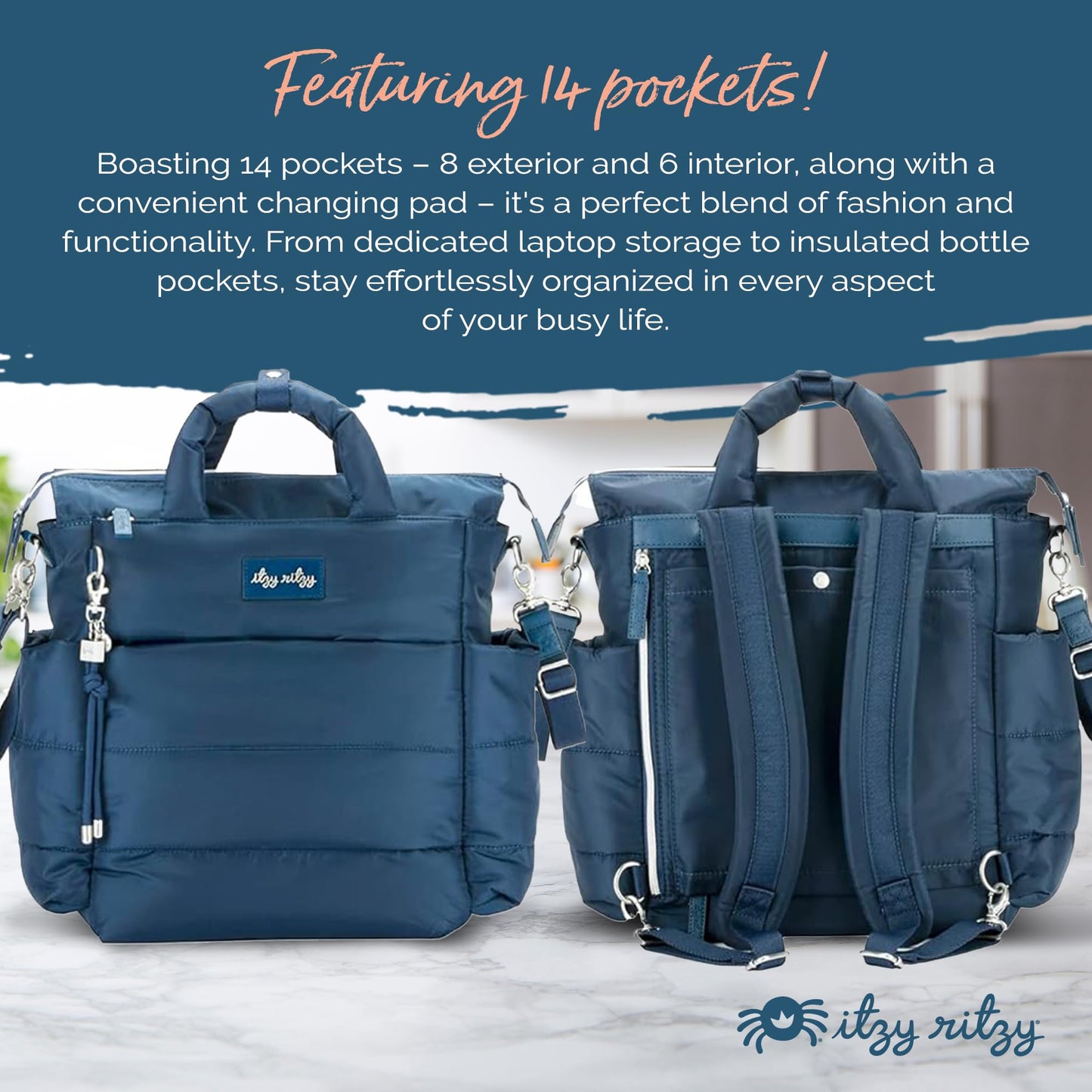 Itzy Ritzy Dream Convertible Diaper Bag Tote Backpack - Baby Diaper Bag With 14 Pockets, Changing Pad (Sapphire Starlight)