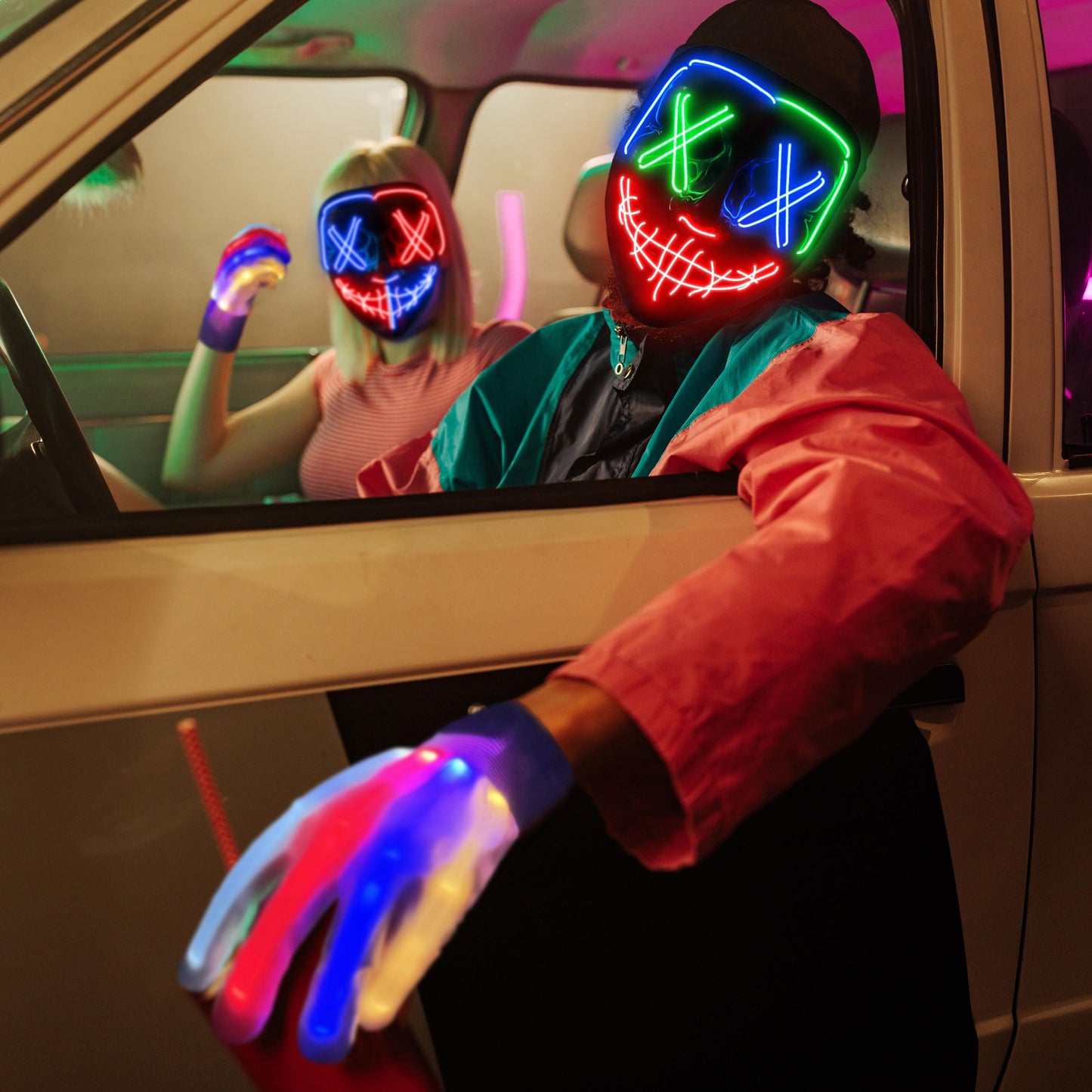 Halloween Mask Skeleton Gloves Set, Halloween Costumes Gifts For Men Women Boys Girls, 3 Modes Light Up Scary Led Mask With Led
