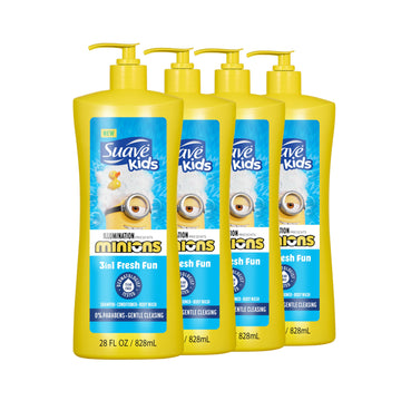 Suave Kids Minions 3-In-1 Shampoo, Conditioner, And Body Wash, For Tear-Free And Gentle Cleansing, 28 Oz(Pack Of 4)