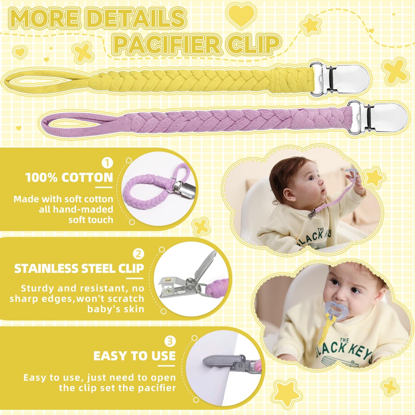 4 Pcs Pacifier Clip, Pacifier Clips For Boys & Baby Girls Pacifier Holder Clip Binky Clips Braided 100% Handmade Fits All Pacifi