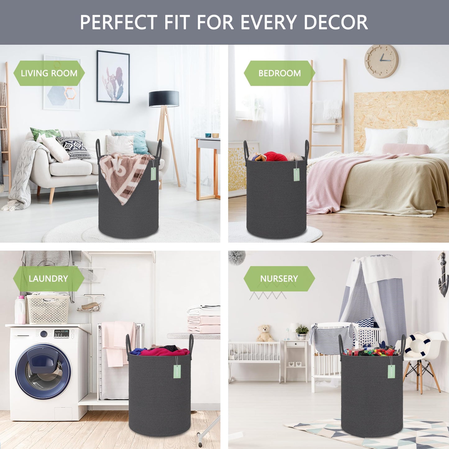 Bosroty Large Cotton Rope Laundry Hamper 65L, Baby Nursery Hamper With Handles, Woven Storage Basket For Living Room Bedroom, Ta