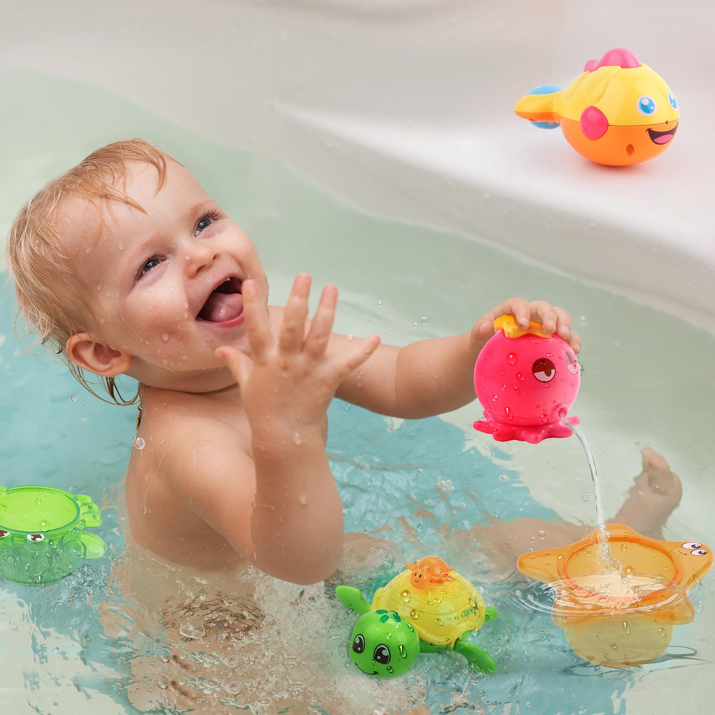 iPlay, iLearn Baby Bath Toys w/ Organizer, Water Squirting Octopus, Wind Up Swimming Turtle, Bathtub & Shower, Stacking Cups, Gi