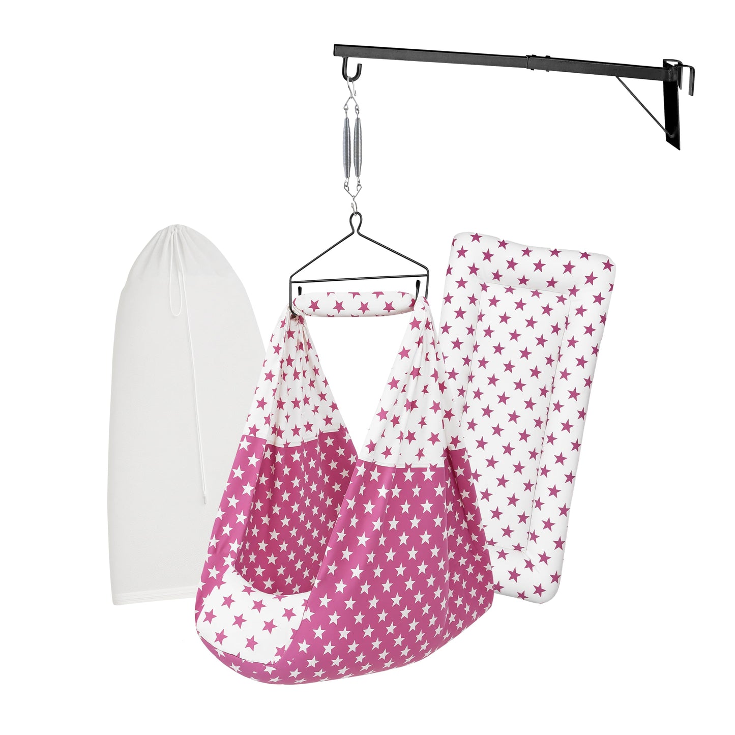 Beetot Baby Set | Pure Cotton Cloth, Removal Pad, Mosquito Net, Spring, Triangle And Window Hanger | Fs- (Dark Pink, Star Design