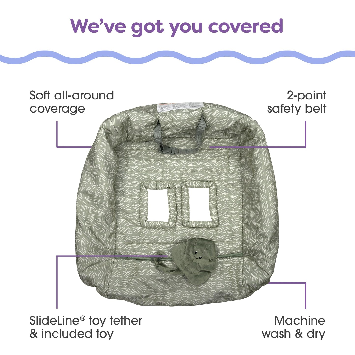 Boppy Shopping Cart Cover, Green Leaf, Cart Cover For Babies With Soft 360-Degree Coverage, Safety Harness, And Slideline Toy Te