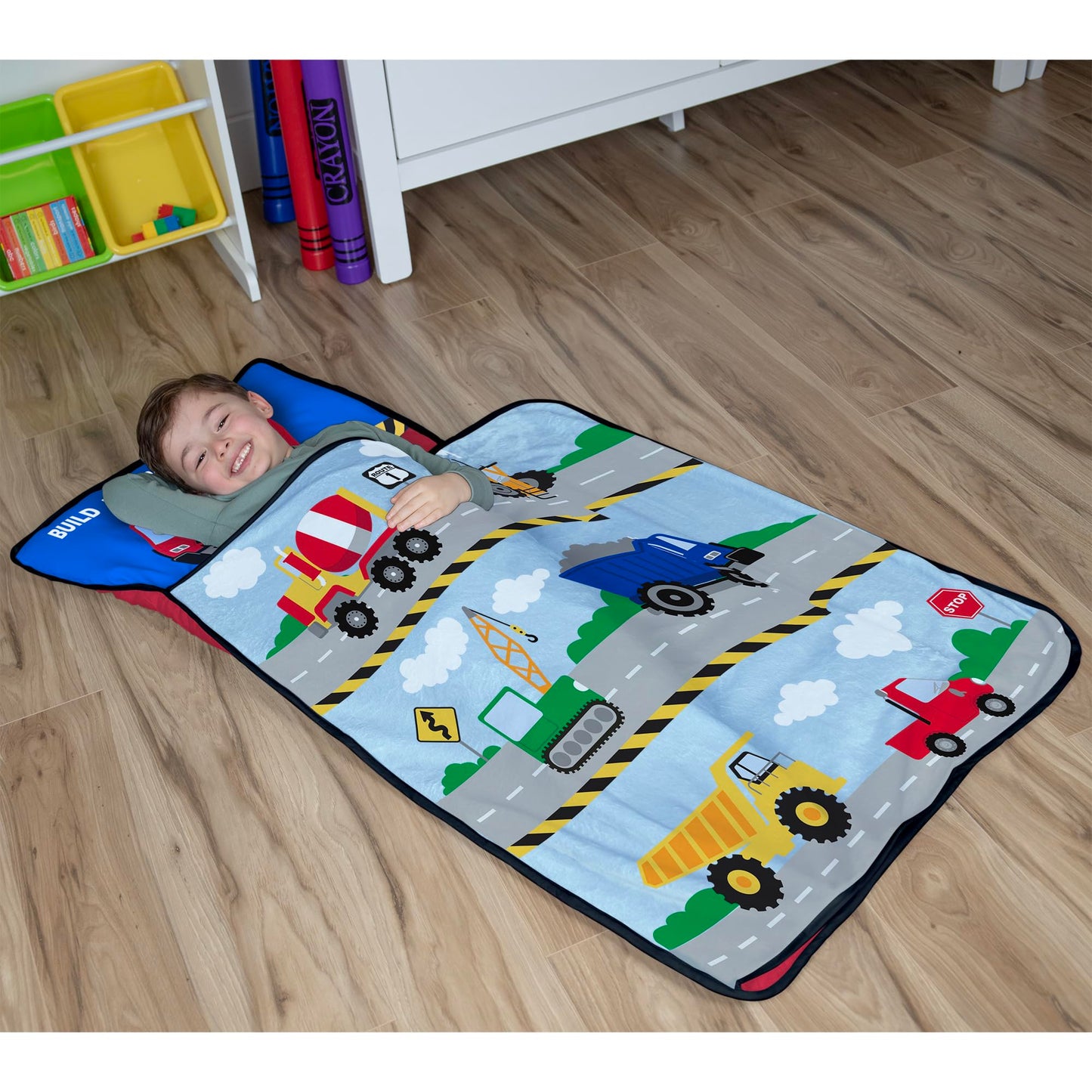 Funhouse Construction Area Trucks Kids Nap Mat Set - Includes Removable Pillow and Fleece Blanket - Great for Boys Napping Durin