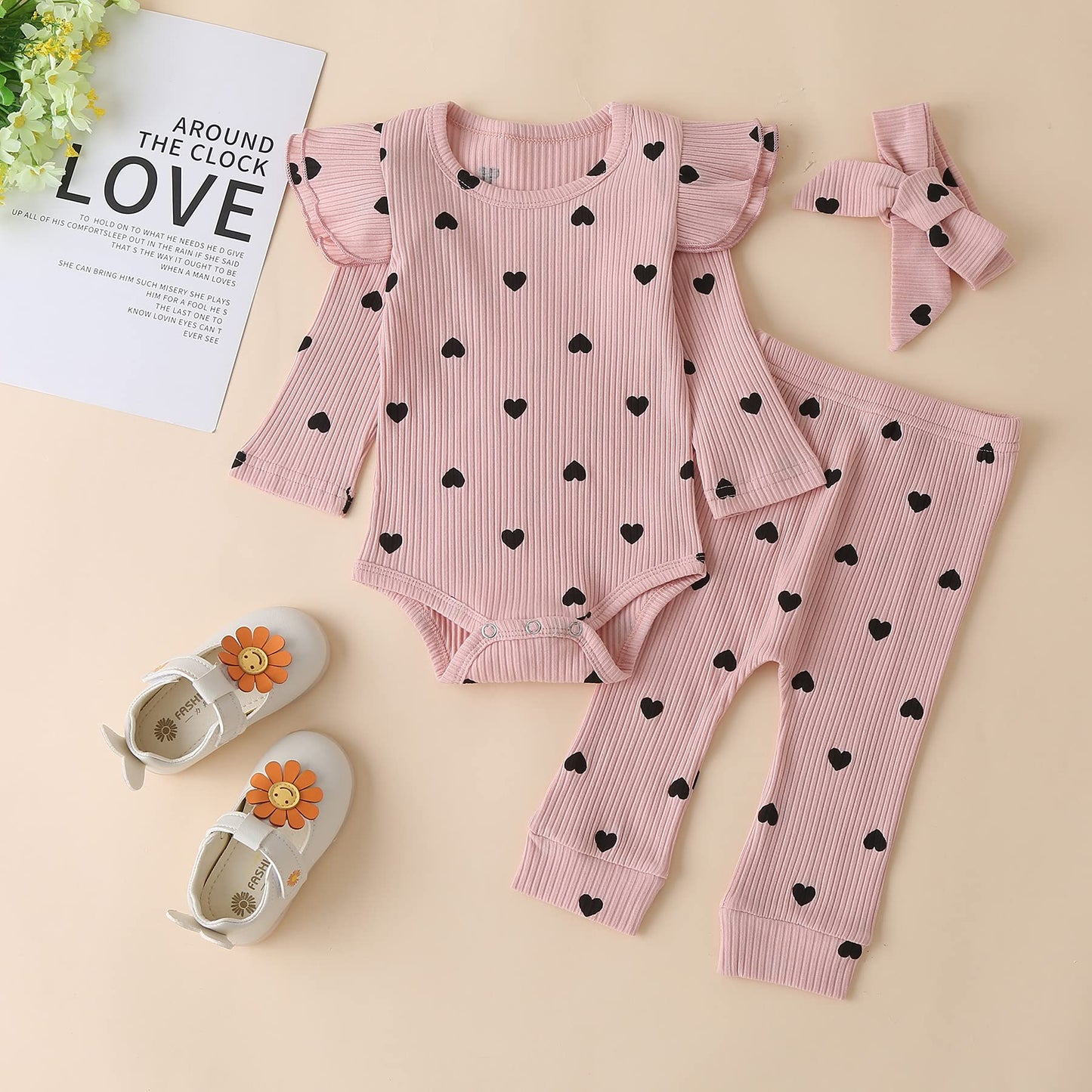 Fullfamous Infant Baby Girl Clothes Outfits,Fall Romper Christmas Clothing Set 0-3 Months Pink Heart