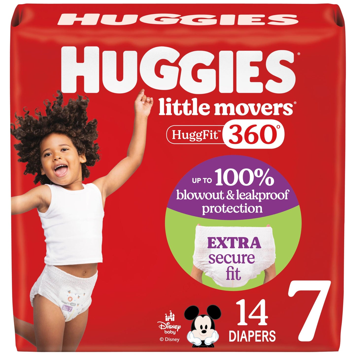 Huggies Size 7 Baby Diapers, Little Movers HuggFit 360 Baby Diapers with 360 Waistband, Size 7 (41+ lbs), 14 Count, Packaging Ma
