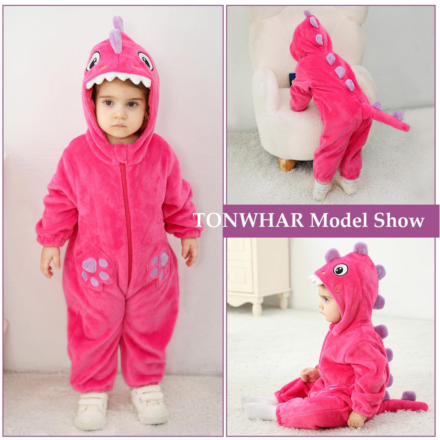 Tonwhar Unisex Baby Animal Halloween Costume Kid'S And Toddler'S Autumn Winter Outfits Jumpsuit(3-4T,Rose Dino)