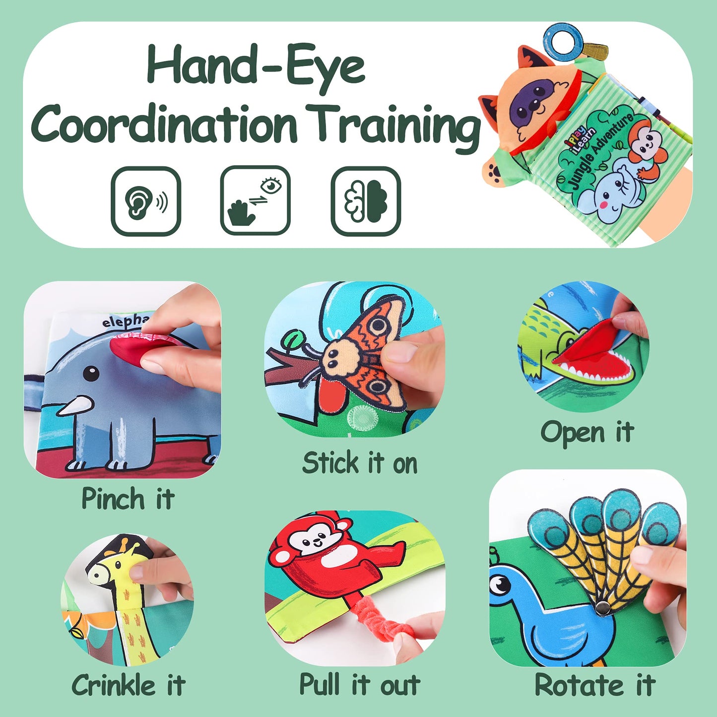 iPlay, iLearn Soft Baby Books 1 Year Old, Babies Animal Cloth Book 6-12 Month, Infant Touch Feel Crinkle Book, Toddler Carseat C