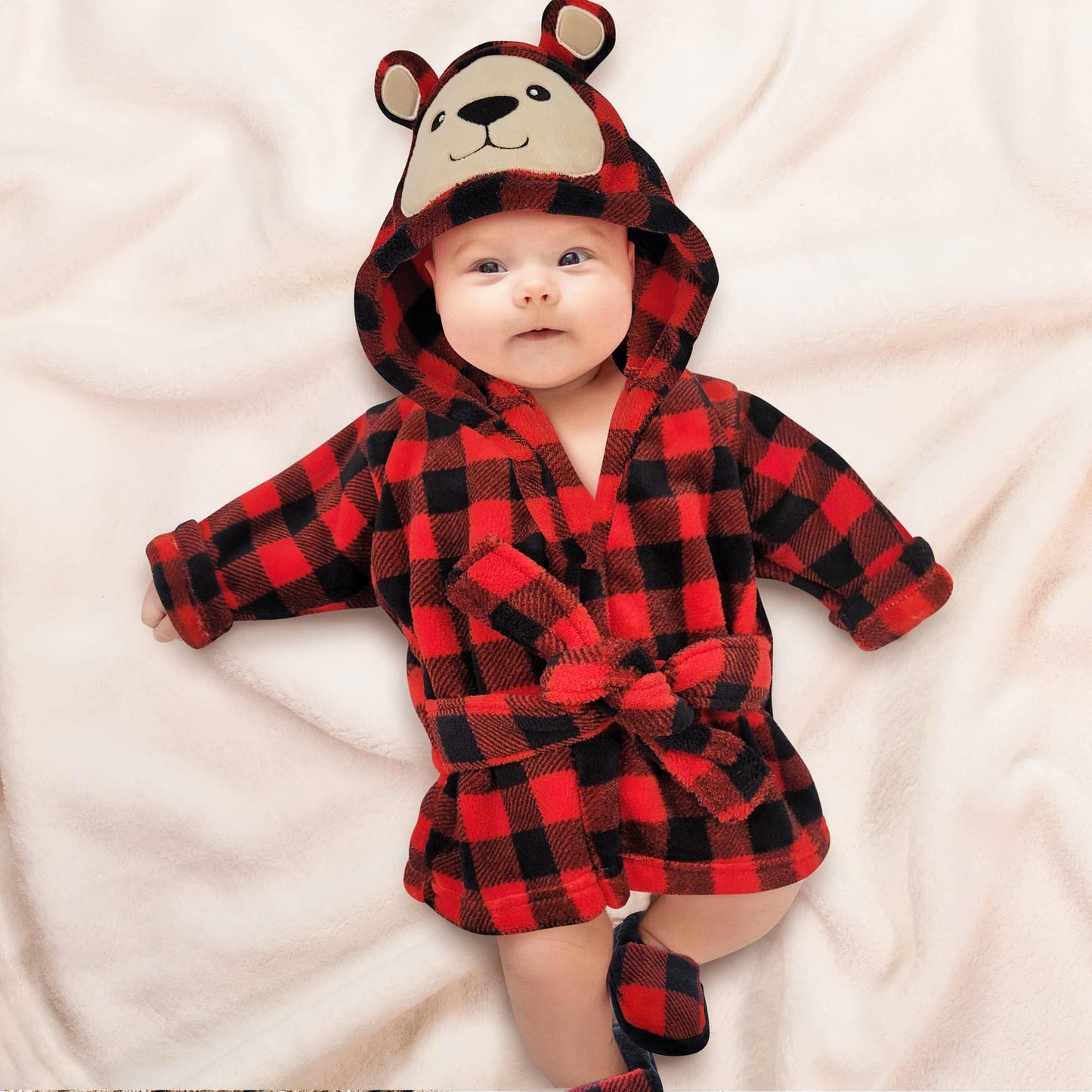 Rising Star Baby Robe - Plaid Bear Baby Bathrobe Towel & Slippers - Bath Robe Spa Set - Best Shower For Boys