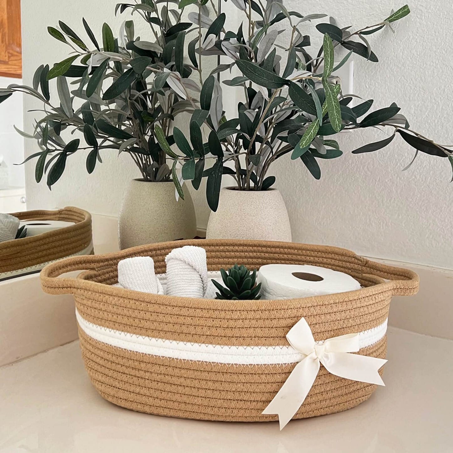 Chicvita Small Woven Rope Gift Basket, Baby Nursery Storage Basket For Towels, Snacks, Toys, Diapers, Rectangle Shelf Basket For