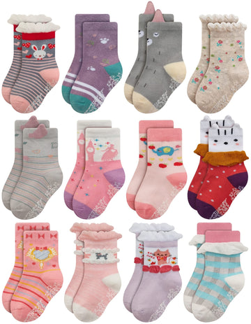 Rative Non Skid Anti Slip Cotton Dress Crew Socks With Grips For Baby Infant Toddler Kids Girls (0-6 Months, Rg-92X)