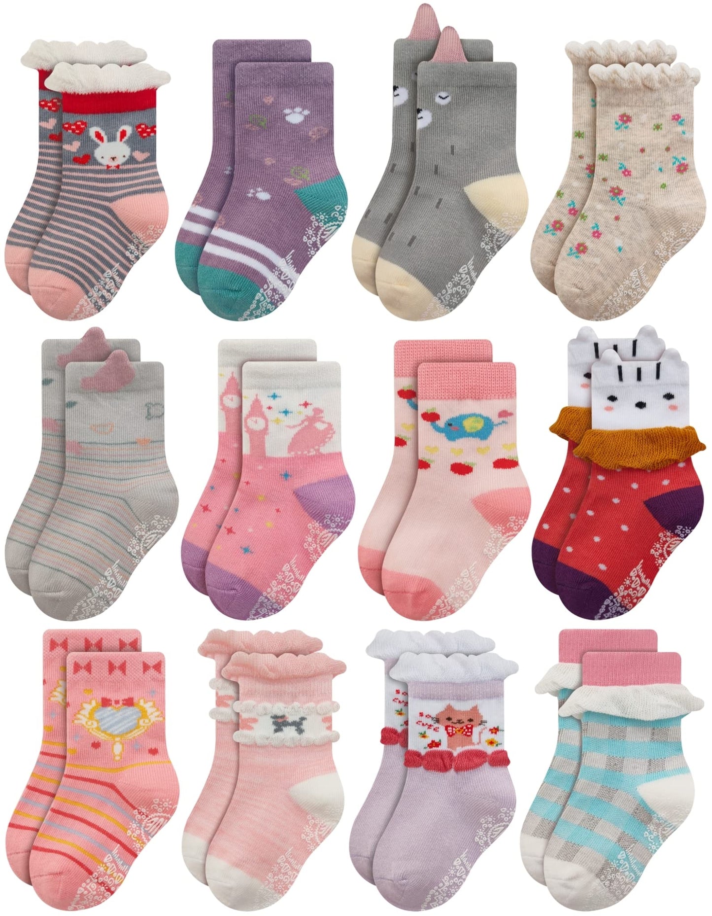 Rative Non Skid Anti Slip Cotton Dress Crew Socks With Grips For Baby Infant Toddler Kids Girls (6-12 Months, Rg-92X)