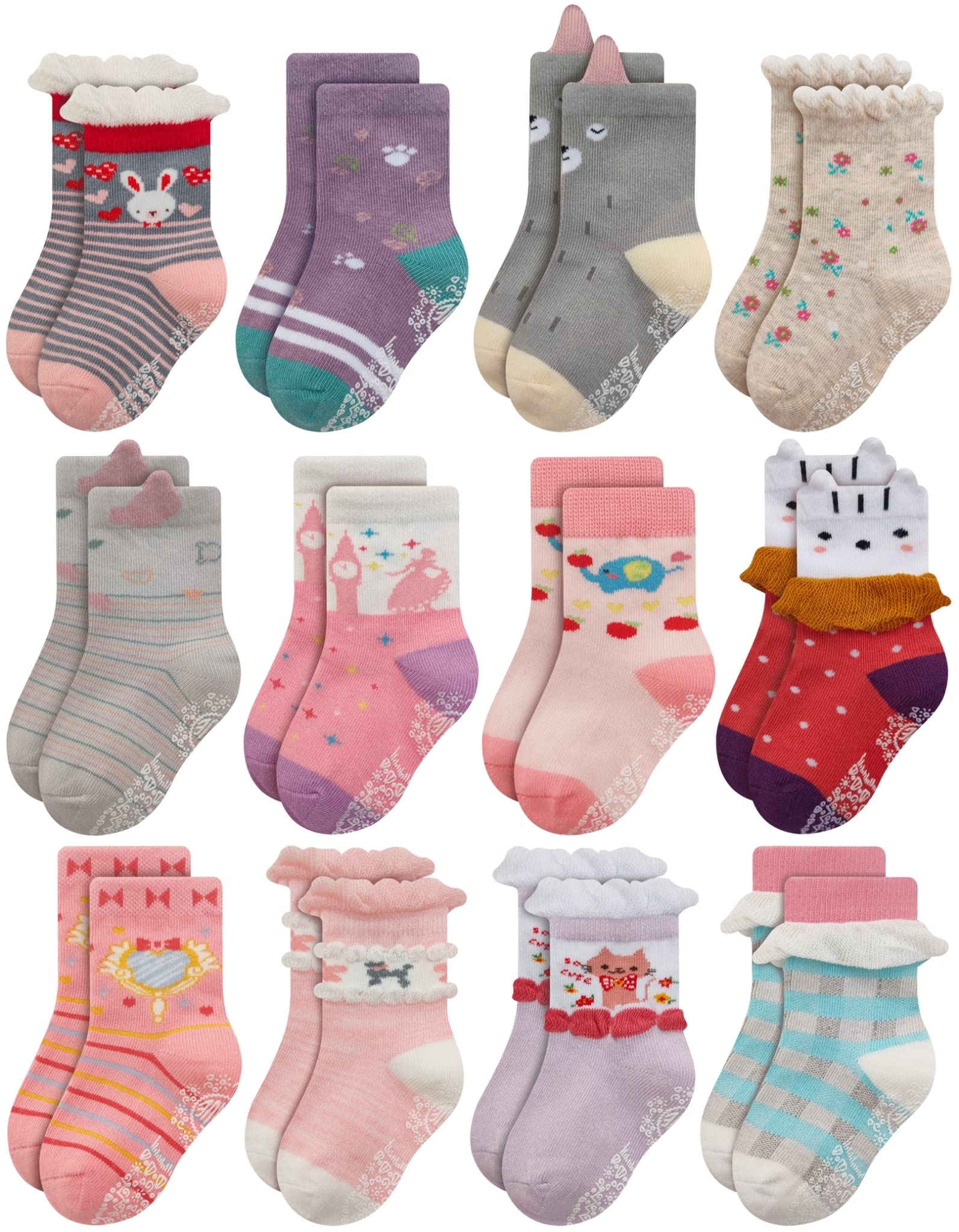 Rative Non Skid Anti Slip Cotton Dress Crew Socks With Grips For Baby Infant Toddler Kids Girls (6-12 Months, Rg-92X)
