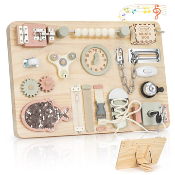 Joyreal Montessori Large Busy Board with Stand, Montessori Sensory Toys for Fine Motor Skills, Wooden Fidget Activity Board for 